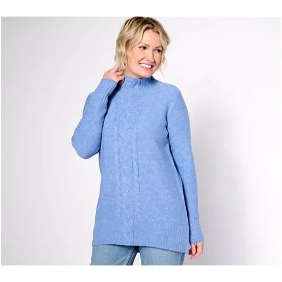 Denim and Co Petite Cable Detail Long Sleeve Tunic Sweater Fresh Blue Womens 1X - Picture 1 of 6